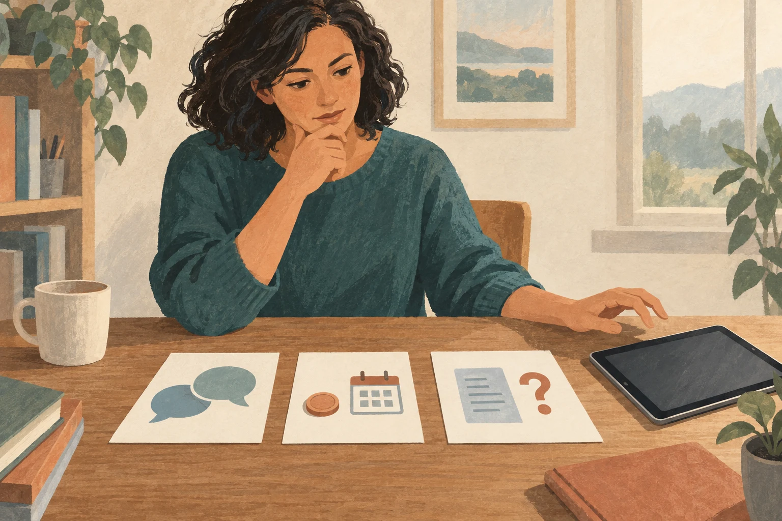 An adult compares conversation, cost, and information questions before using a tablet.