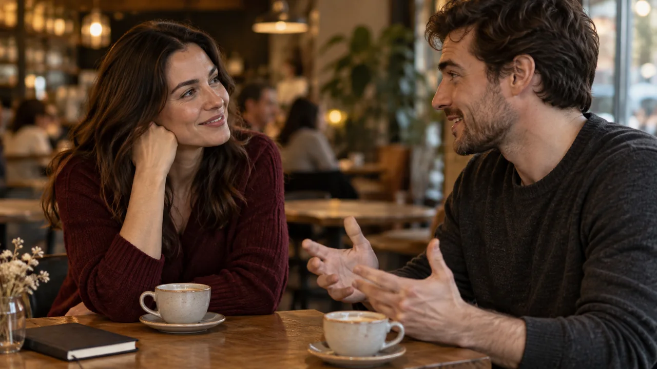 Fictional adult characters sharing a warm conversation.