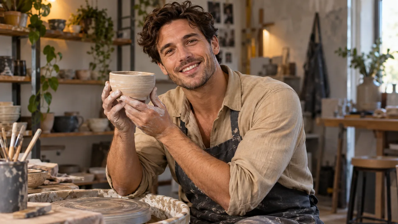 Fictional adult character in a warm, conversational setting.
