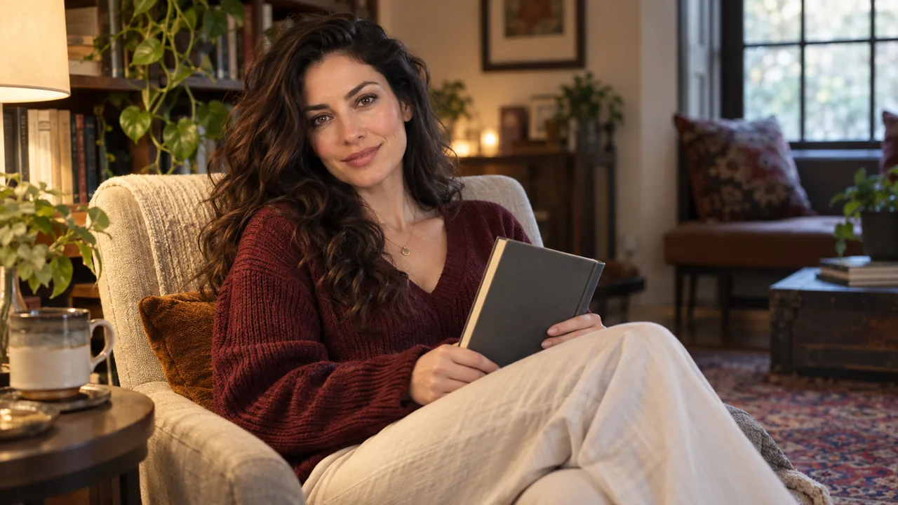 Fictional adult character in a warm, conversational setting.