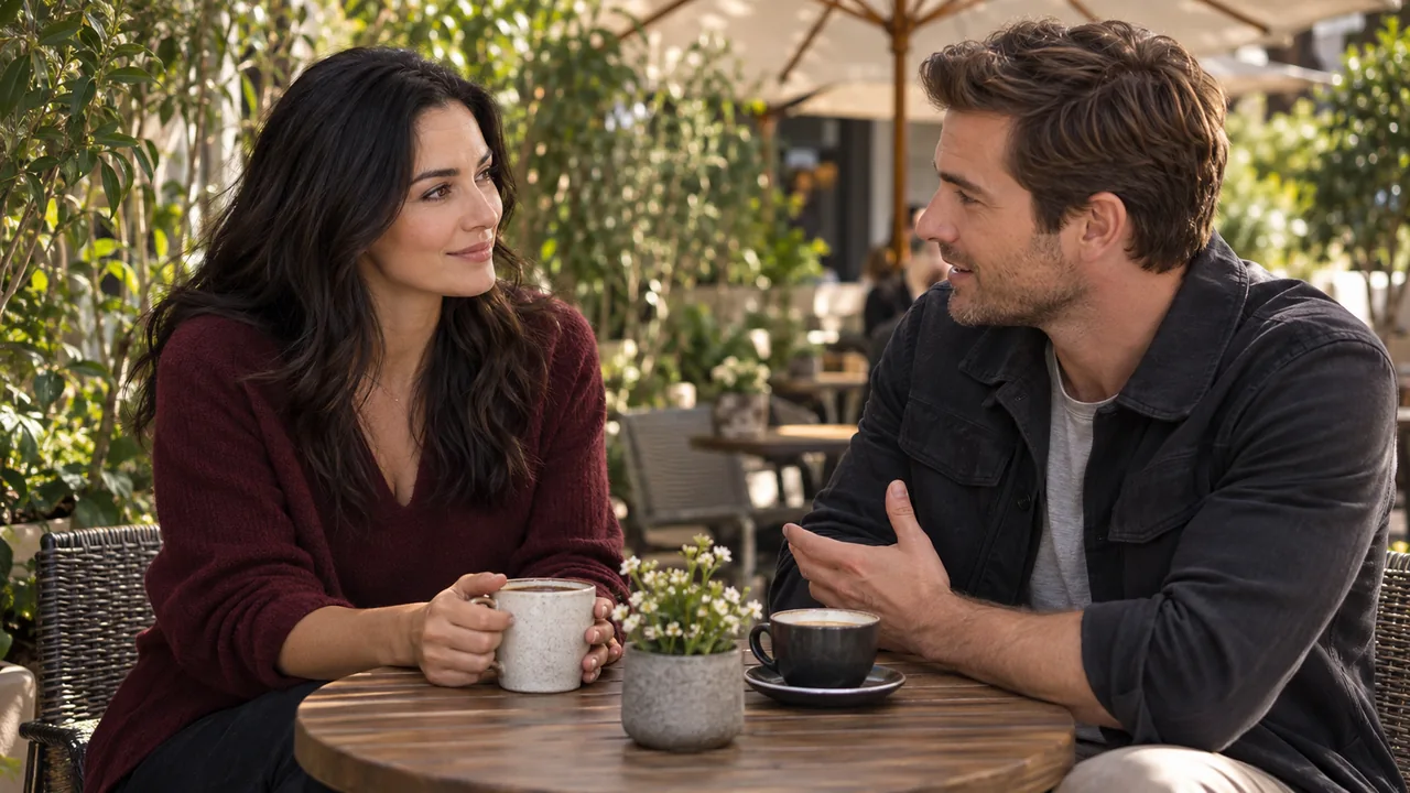 Fictional adult characters sharing a warm conversation.