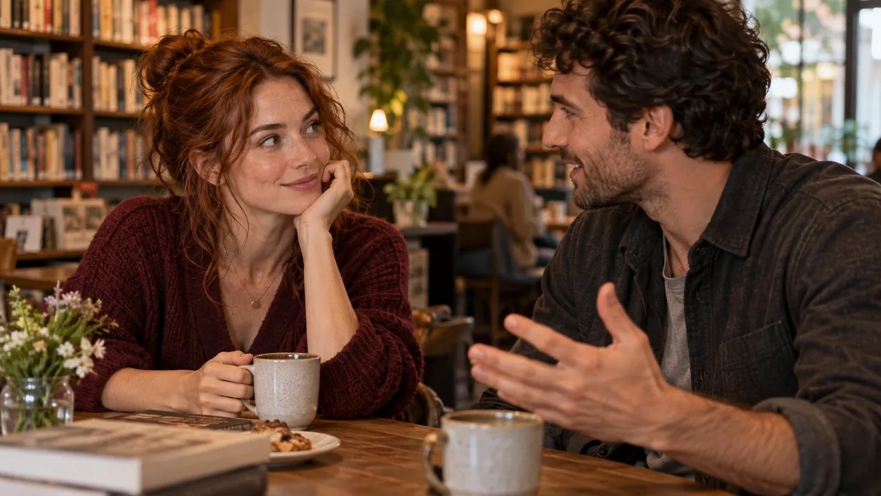 Fictional adult characters sharing a warm conversation.