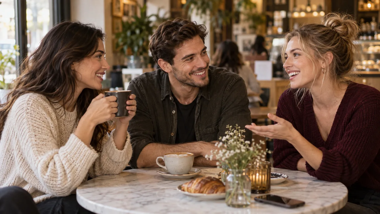 Fictional adult characters sharing a warm conversation.